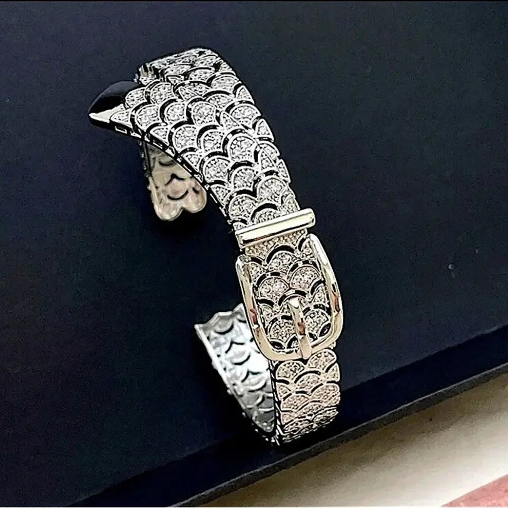 Sterling Silver Buckle Bangle Bracelet, Zircon Cuff Belt Buckle, Minimalist